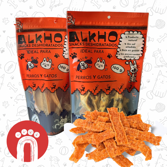 TRIPS DE PECHUGA DE POLLO DESHIDRATADAS ALKHO PARA PERROS Y GATOS (100g)