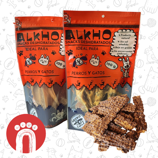 TRIPS DE RECETA BALANCEADA DE POLLO NATIVO DESHIDRATADAS POR ALKHO PARA PERROS Y GATOS (100g)